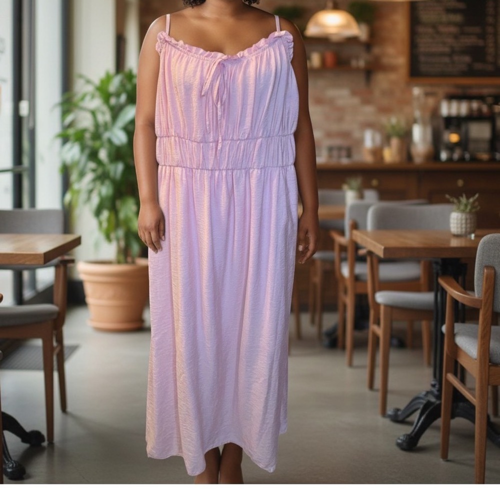 Primark Pink Textured Ruffled Maxi Dress Smocked Waist Spaghetti Strap Size 16